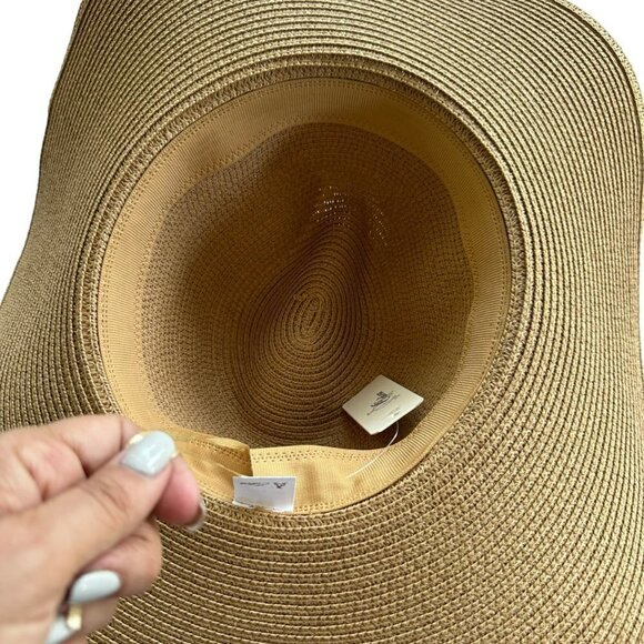 Odiva Summer Hat Khaki Stripe Pattern Band Straw Sun Hat - Picture 15 of 16